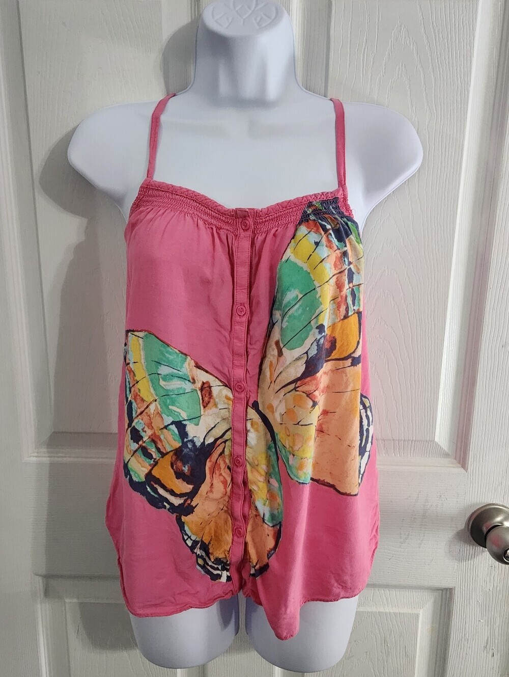 Vintage y2k Pink butterfly button swing tank oversized hippie XS Phoebe Buffay